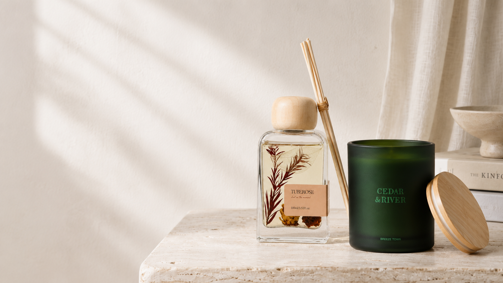Momoria candle and reed diffuser styled in a beautiful home