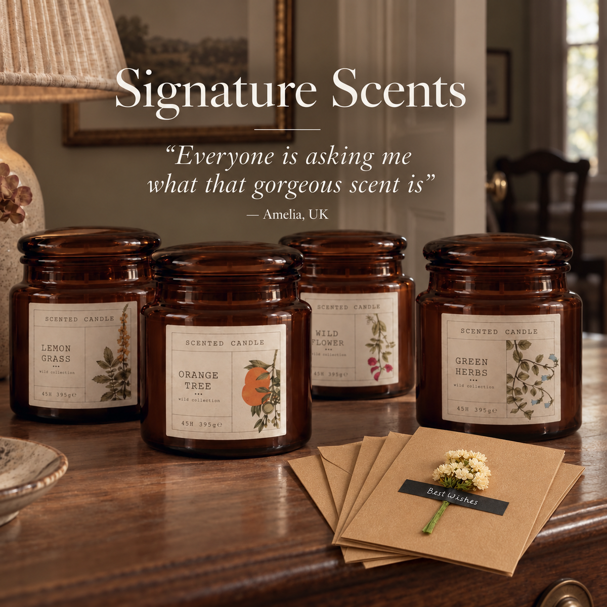 Four Momoria amber glass scented candles with dried-flower greeting cards on a wooden sideboard.