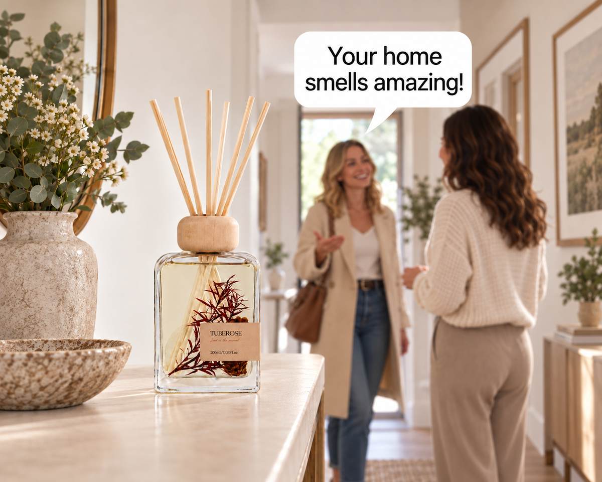 A botanical reed diffuser in a welcoming hallway as a guest compliments the fragrance.